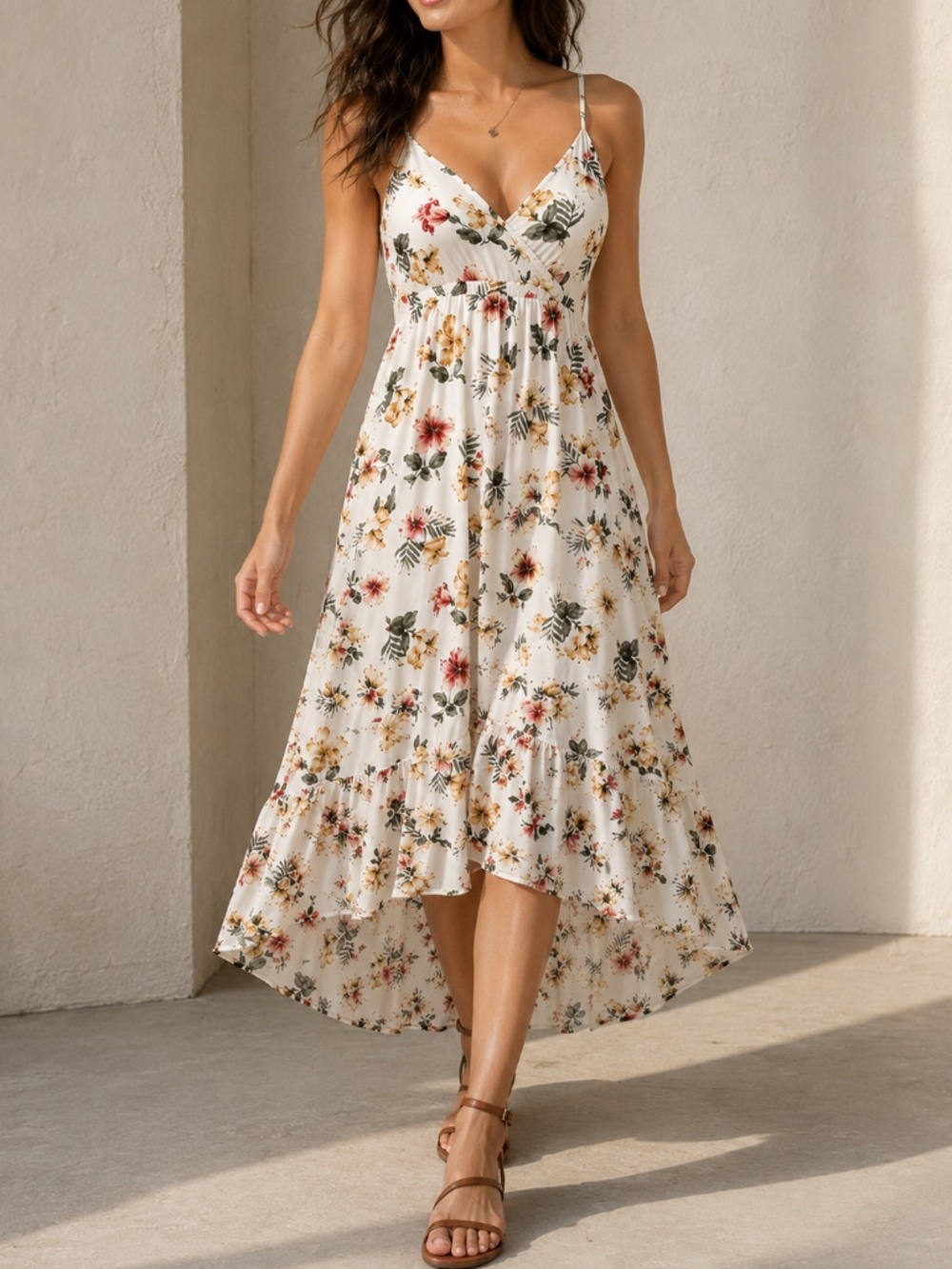 Hollister Tropical Floral High Low Dress White Smocked Back Size M EUC
